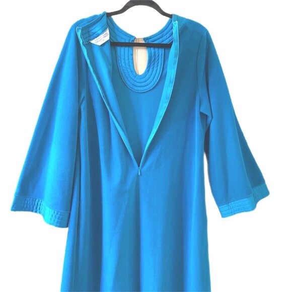 Vintage Vanity Fair Bath Robe M Turquoise Blue Neck Sleeve Trim Pearl Button Zip - Picture 5 of 11